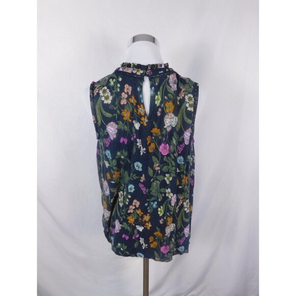LOFT Medium Navy Floral Ruffle Mock Neck Blouse Cottagecore - Picture 6 of 11